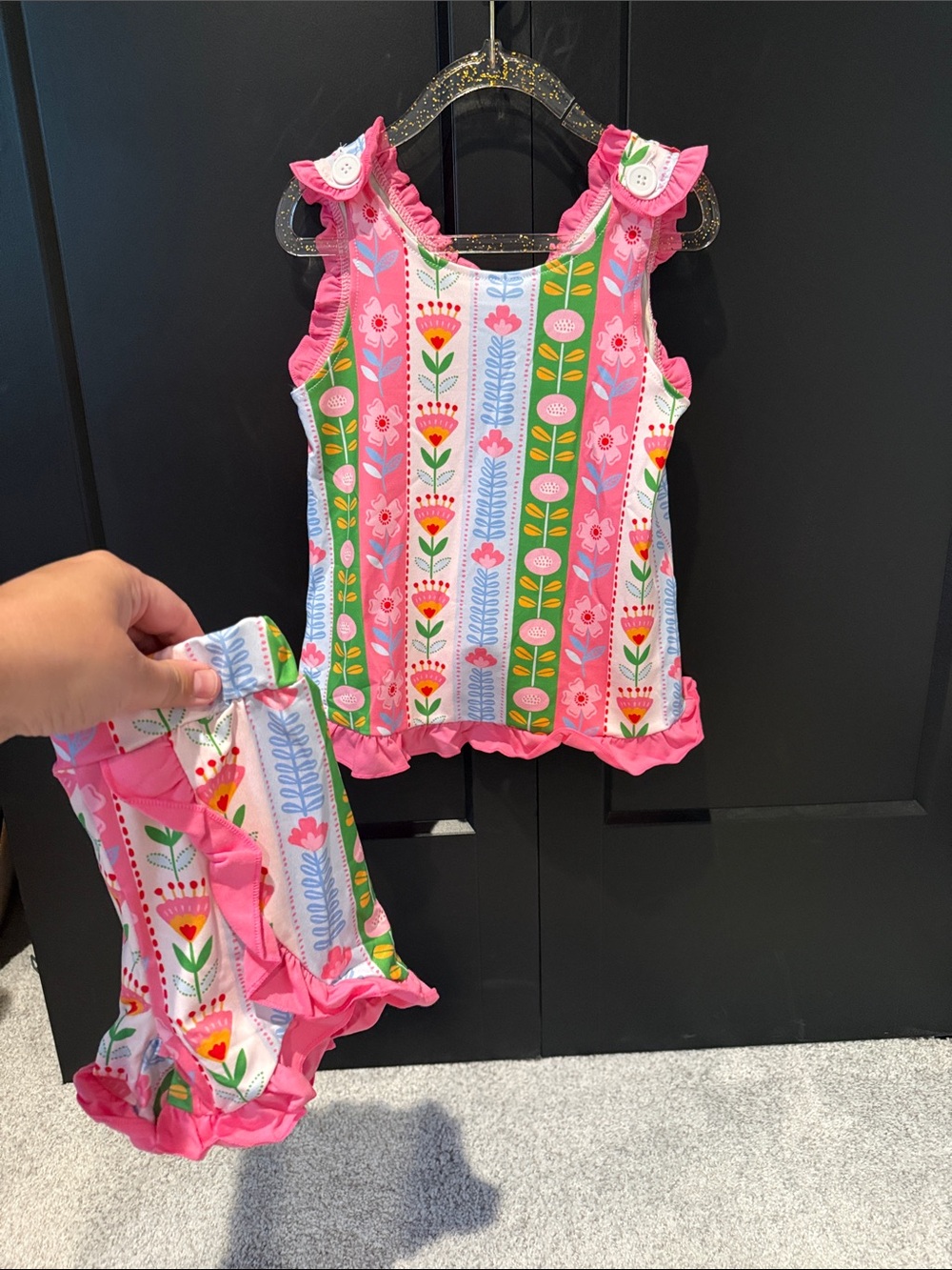 Girls Pink Floral Stripe Matching Set - Tank Top & Shorts
